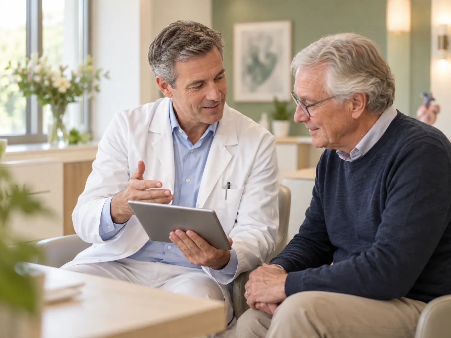 Kardiologe bespricht die Ergebnisse des Herz-Check-ups im Beratungsgespräch mit dem Patienten