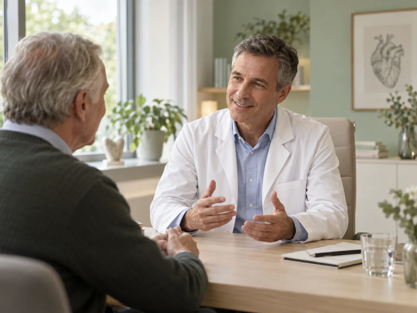 Kardiologe im vertrauensvollen Beratungsgespräch mit einem Patienten in der Privatpraxis Hamburg