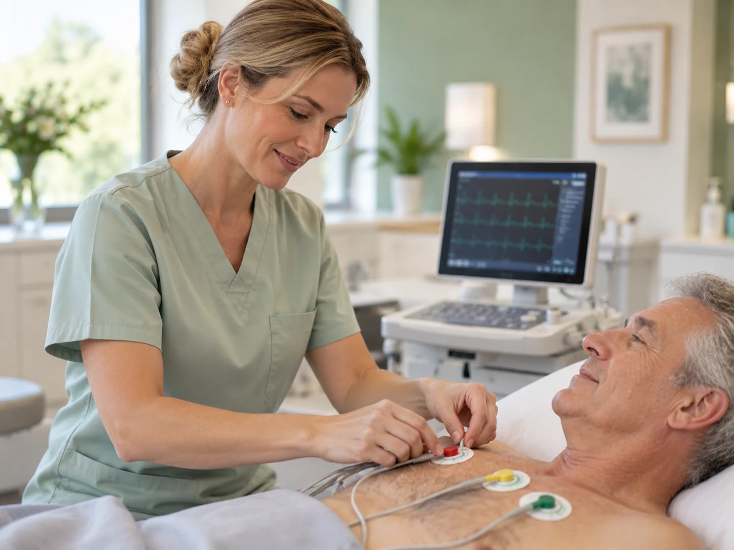 Medizinische Fachangestellte bereitet eine EKG-Untersuchung bei Herzrhythmusstörungen vor
