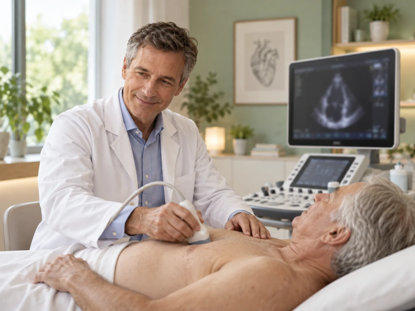 Kardiologe führt eine Herzultraschall-Untersuchung (Echokardiografie) beim Herz-Check-up in Hamburg durch